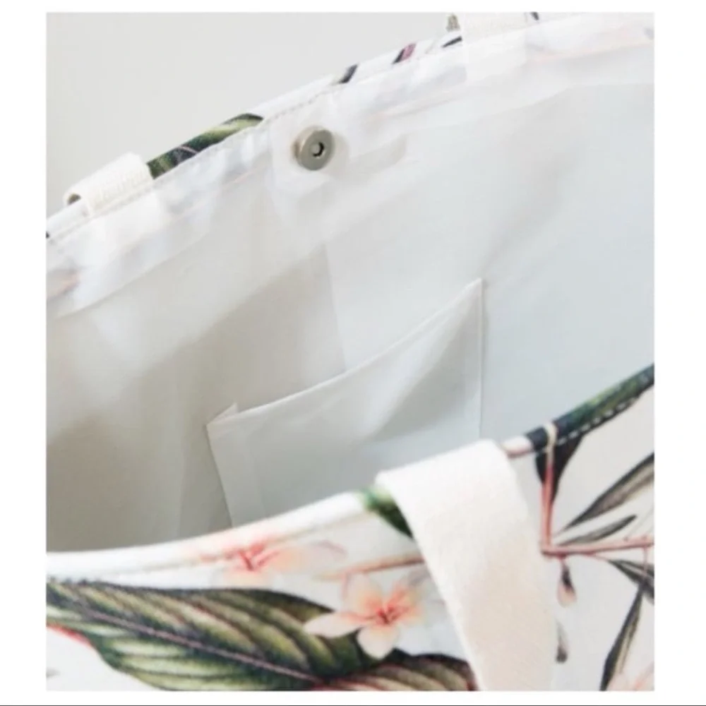 New Ruggine Tropical Leaf And Floral Print Large Beach Tote, Laptop Tote Bag